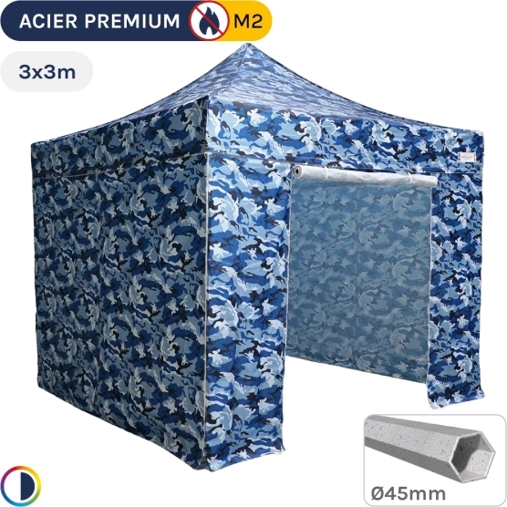 Poste d'affût Pliant - Stand Acier Premium M2 3x3m CAMOUFLAGE BLEU + Pack côtés 380gr/m²