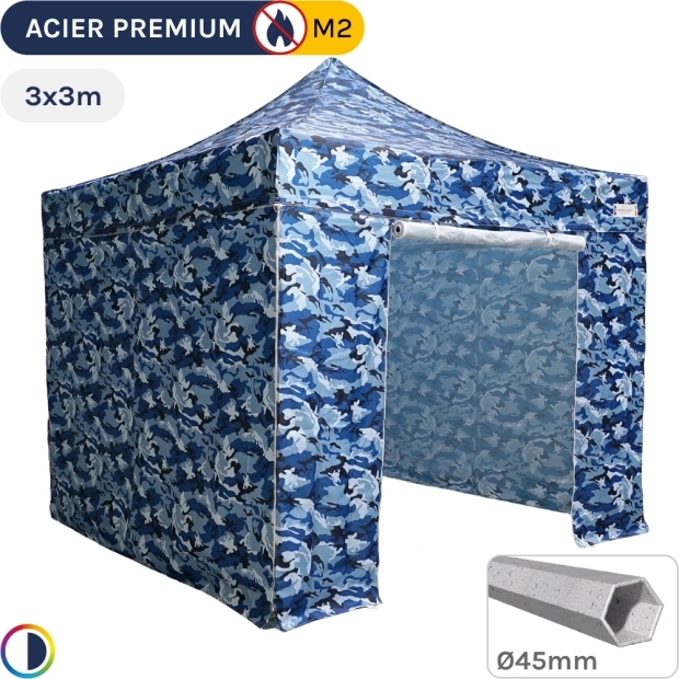 Barnum Pliant - Stand Acier Premium M2 3x3m CAMOUFLAGE BLEU + Pack côtés 380gr/m²