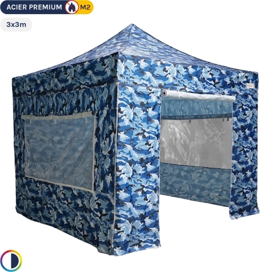 Abri de chasse pliant - Tente Pliante - Stand Acier Premium M2 3x3m CAMOUFLAGE BLEU + Pack Fenêtres 380gr/m²