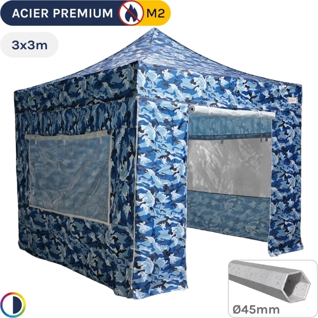 Barnum Pliant - Stand Acier Premium M2 3x3m CAMOUFLAGE BLEU + Pack Fenêtres Moustiquaires 380gr/m²