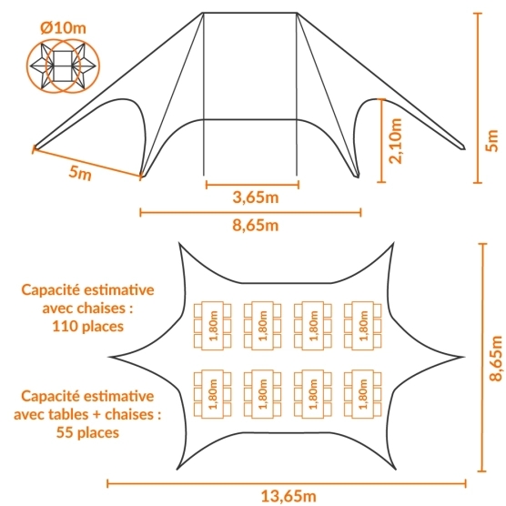 tente étoile imprimée schéma L14m / 10m avec 2 mâts