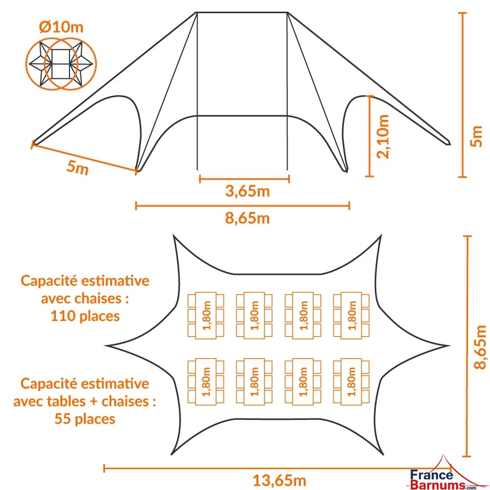 tente étoile imprimée schéma L14m / 10m avec 2 mâts