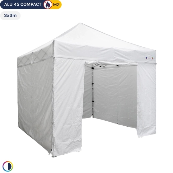 Barnum pliant - Tente pliante Alu 45 COMPACT M2 3mx3m BLANC 380gr/m² + Pack Côtés 380gr/m² Barnum pliant - Tente pliante Alu 45 COMPACT M2 3mx3m BLANC 380gr/m² + Pack Côtés 380gr/m²