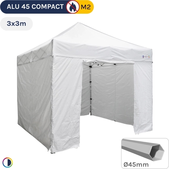 Barnum pliant - Tente pliante Alu 45 COMPACT M2 3mx3m BLANC 380gr/m² + Pack Côtés 380gr/m²