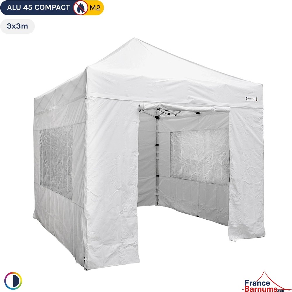 Barnum pliant - Tente pliante Alu 45 COMPACT M2 3mx3m BLANC 380gr/m² + Pack Fenêtres  380gr/m²