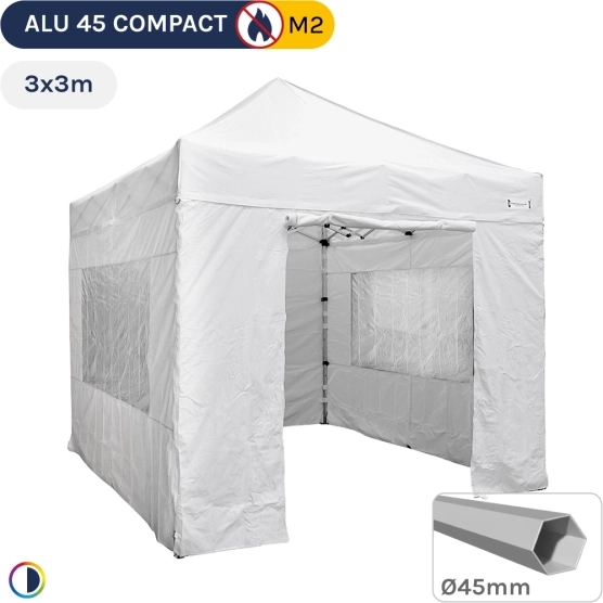 Barnum pliant - Tente pliante Alu 45 COMPACT M2 3mx3m BLANC 380gr/m² + Pack Fenêtres  380gr/m²