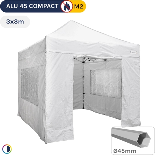Barnum pliant - Tente pliante Alu 45 COMPACT M2 3mx3m BLANC 380gr/m² + Pack Fenêtres  380gr/m²