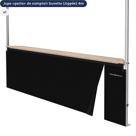 Jupe de comptoir "porte" zippée pour stand buvette pliante de 4x4m NOIR