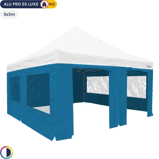 Tente Pliante Alu Pro 55 LUXE M2 5mx5m BLANC + Pack Fenêtres BLEU CIEL 580gr/m²