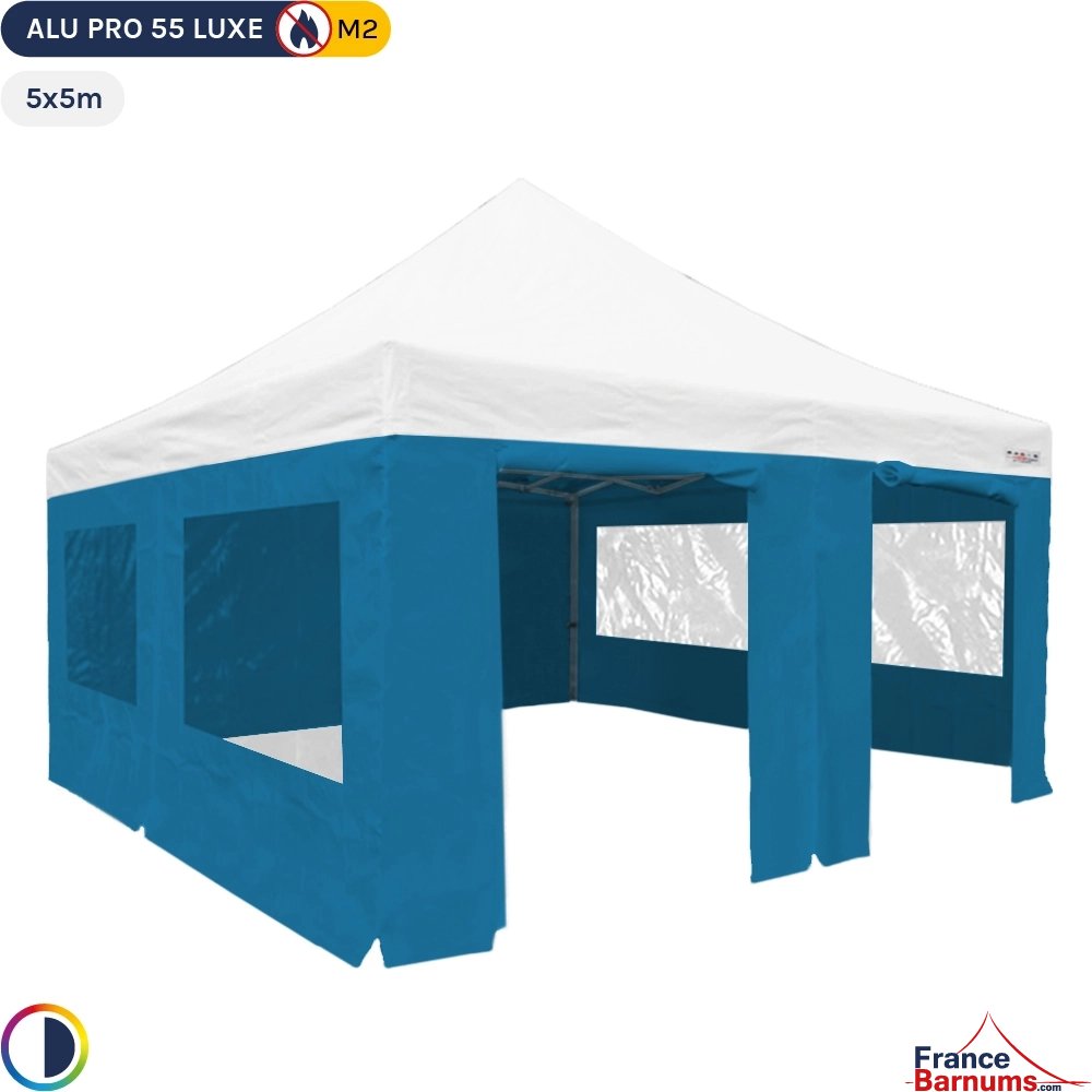 Tente Pliante Alu Pro 55 LUXE M2 5mx5m BLANC + Pack Fenêtres BLEU CIEL 580gr/m²