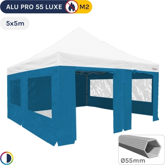 Barnum pliant Alu Pro 55 LUXE M2 5mx5m BLANC + Pack Fenêtres BLEU CIEL 580gr/m²