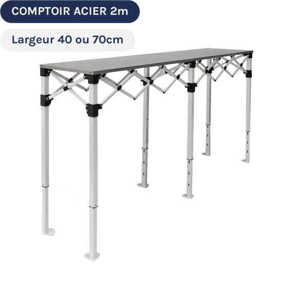 Table Comptoir Pliante 2m en acier avec Plateaux ajourés de largeur 40 ou 70cm