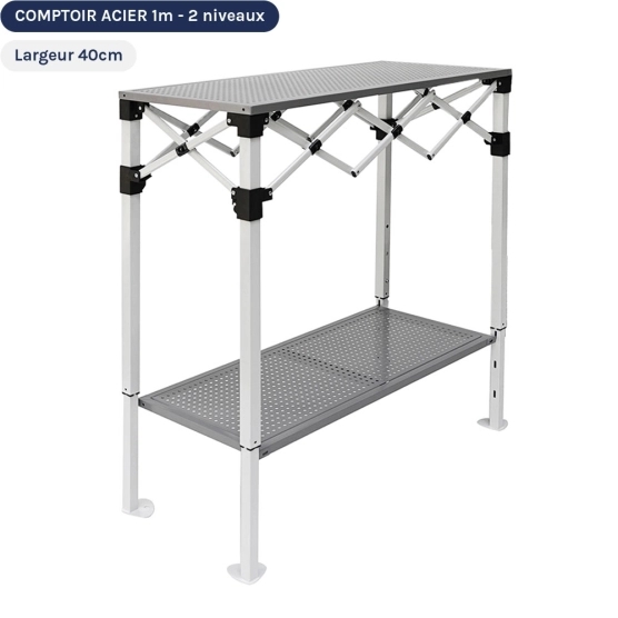 Présentoir Pliant de 1m en acier avec Plateau ajouré de 40cm sur 2 niveaux