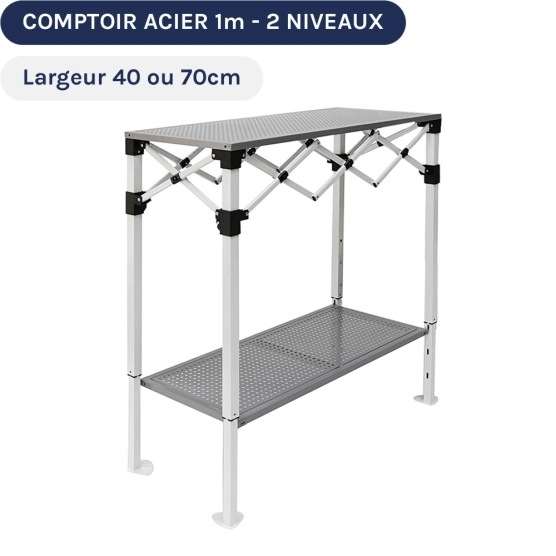 Table Comptoir Pliante 1m en acier avec Plateau ajouré de 40cm sur 2 niveaux