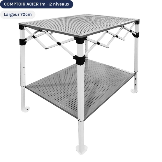 Table Comptoir Pliante 1m en acier avec Plateau ajouré de 70cm de large sur 2 niveaux