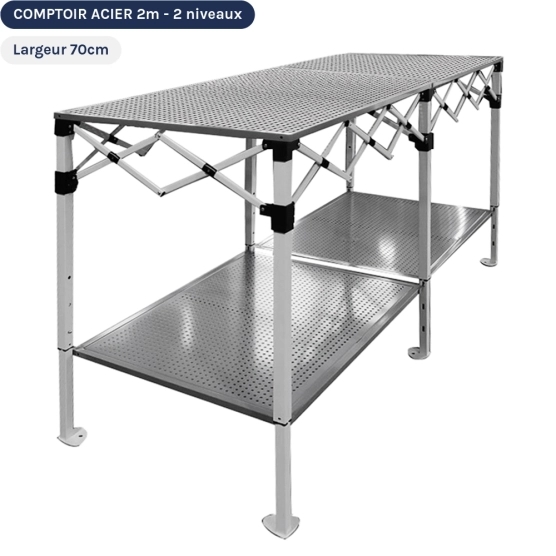 Comptoir pliant de 2m en acier avec Plateaux ajourés de 70cm de large sur 2 niveaux