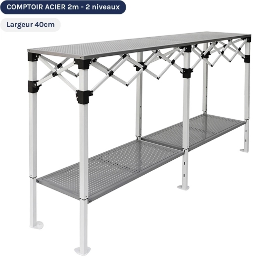 Comptoir pliant de 2m en acier avec Plateaux ajourés de 40cm de large sur 2 niveaux