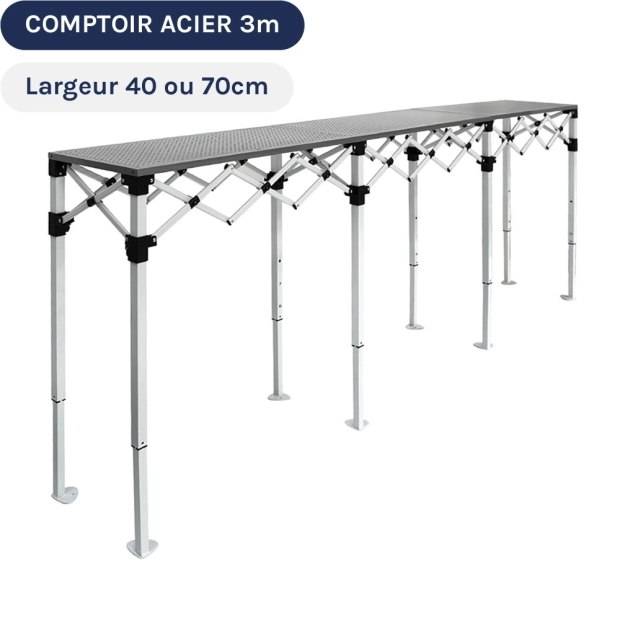 Table Comptoir Pliante acier de 3m, largeur 40cm ou 70cm