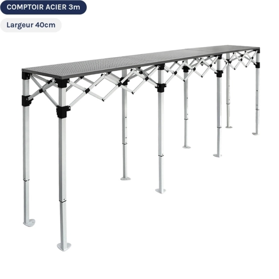 Table Comptoir Pliante 3m en acier avec Plateau ajouré de 40cm