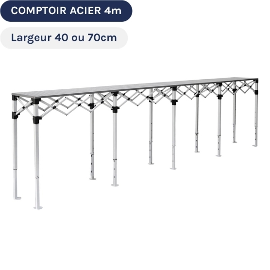 Table Comptoir Pliante 4m en acier avec Plateau ajouré de 40cm ou 70cm de large