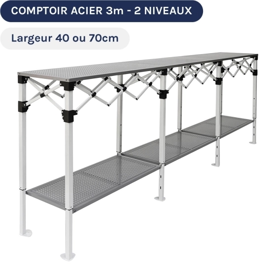Table Comptoir Pliante 3m en acier avec Plateau ajouré de 40cm ou 70cm de large, sur 2 niveaux de présentation