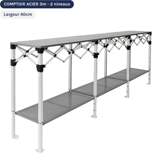 Table Comptoir Pliante 3m en acier avec Plateau ajouré de 40cm de large sur 2 niveaux