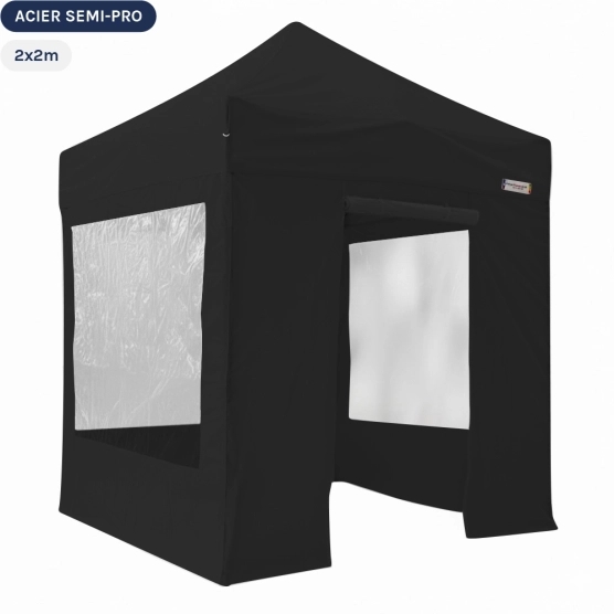 Tente Pliante Tonnelle Acier Semi Pro 2mx2m NOIR avec Pack Fenêtres