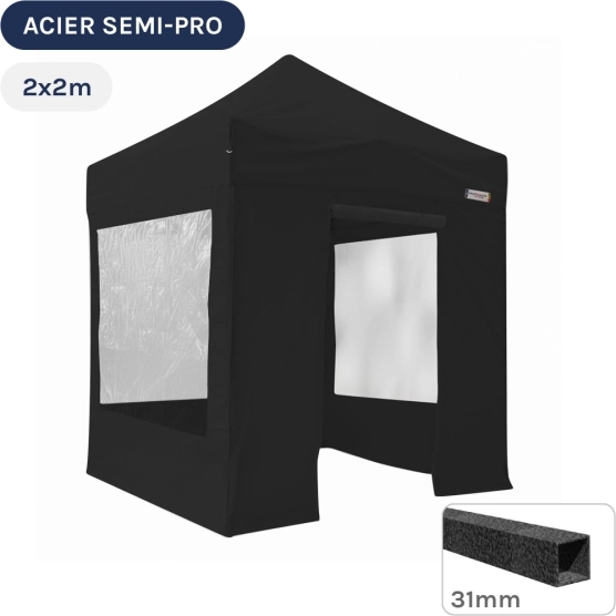 Barnum pliant - Tonnelle Acier Semi Pro 2mx2m NOIR avec Pack Fenêtres
