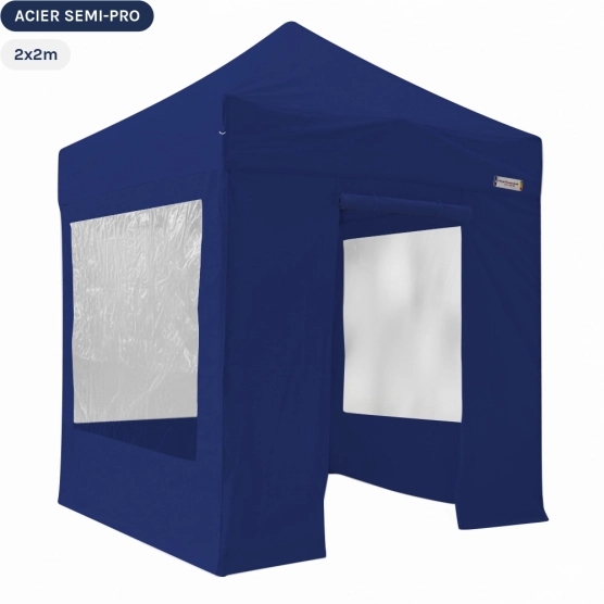 Tente Pliante Tonnelle Acier Semi Pro 2mx2m BLEU avec Pack Fenêtres