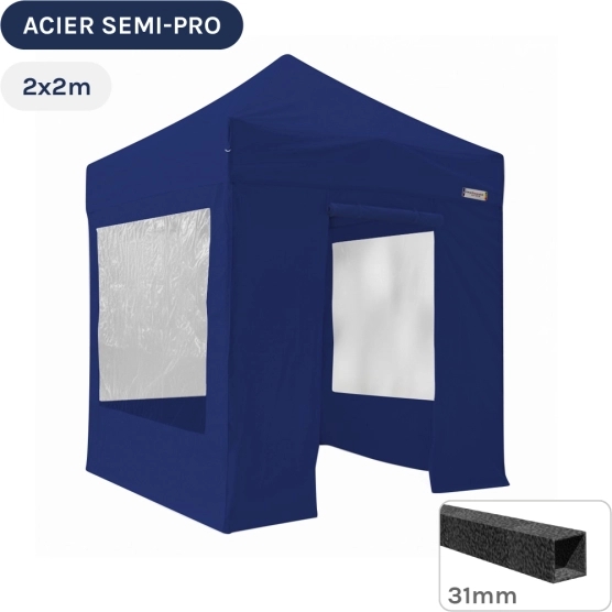 Barnum pliant - Tonnelle Acier Semi Pro 2mx2m BLEU avec Pack Fenêtres