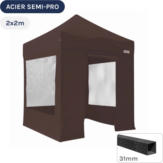 Barnum pliant - Tonnelle Acier Semi Pro 2mx2m BRUN CACAO avec Pack Fenêtres