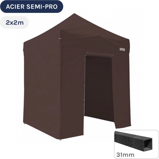 Barnum pliant - Tonnelle Acier Semi Pro 2mx2m BRUN CACAO avec Pack 4 Côtés