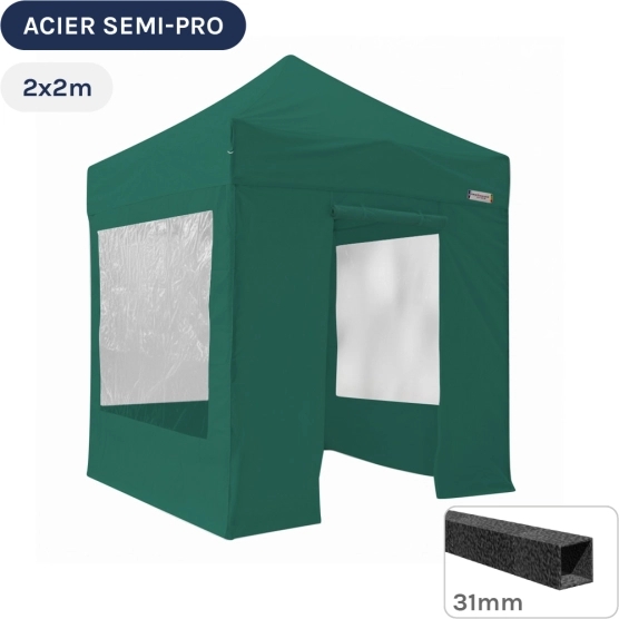 Barnum pliant - Tonnelle Acier Semi Pro 2mx2m VERT EMERAUDE avec Pack Fenêtres