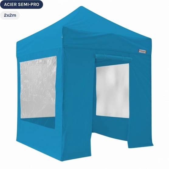 Tente Pliante Tonnelle Acier Semi Pro 2mx2m BLEU AZUR avec Pack Fenêtres