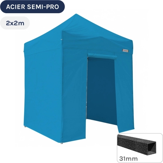 Barnum pliant - Tonnelle Acier Semi Pro 2mx2m BLEU AZUR avec Pack 4 Côtés