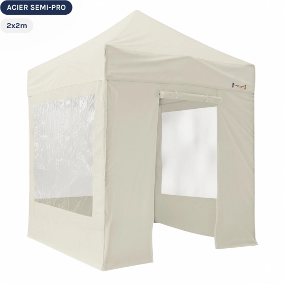 Tente Pliante Tonnelle Acier Semi Pro 2mx2m BEIGE avec Pack Fenêtres
