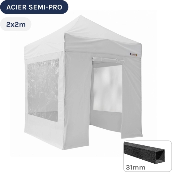 Barnum pliant - Tonnelle Acier Semi Pro 2mx2m BLANC avec Pack Fenêtres