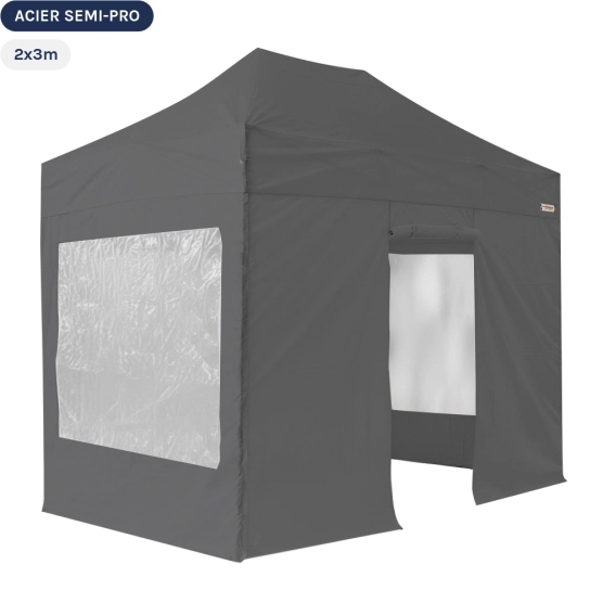 Tente Pliante Tonnelle Acier Semi Pro 2mx3m GRIS avec Pack Fenêtres