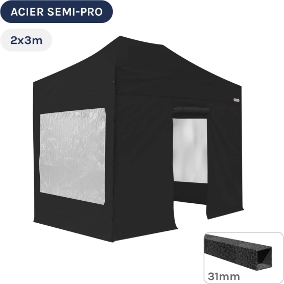 Barnum pliant - Tonnelle Acier Semi Pro 2mx3m NOIR avec Pack Fenêtres