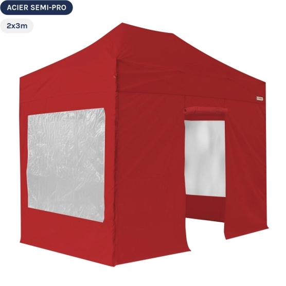 Tente Pliante Tonnelle Acier Semi Pro 2mx3m ROUGE avec Pack Fenêtres