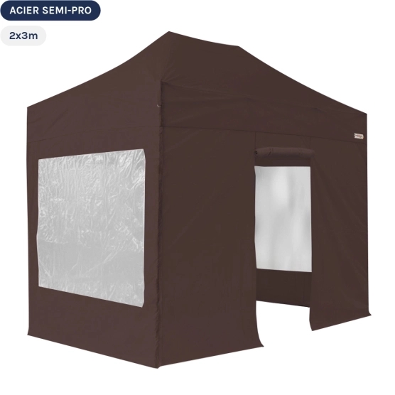 Tente Pliante Tonnelle Acier Semi Pro 2mx3m BRUN CACAO avec Pack Fenêtres