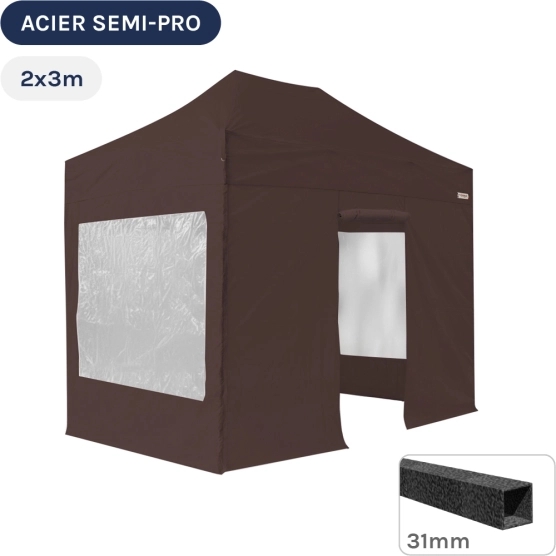 Barnum pliant - Tonnelle Acier Semi Pro 2mx3m BRUN CACAO avec Pack Fenêtres