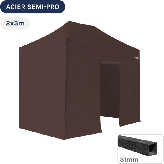 Barnum pliant - Tonnelle Acier Semi Pro 2mx3m BRUN CACAO avec Pack 4 Côtés