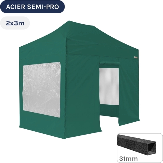 Barnum pliant - Tonnelle Acier Semi Pro 2mx3m VERT EMERAUDE avec Pack Fenêtres