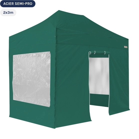 Tente Pliante Tonnelle Acier Semi Pro 2mx3m VERT EMERAUDE avec Pack Fenêtres