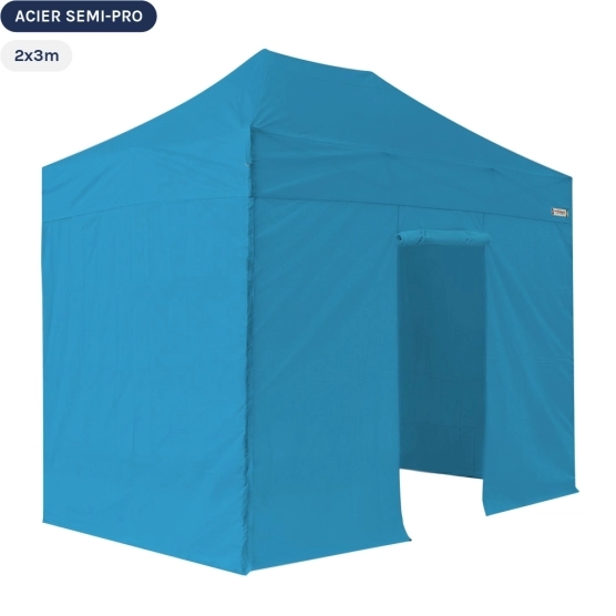 Tente Pliante Tonnelle Acier Semi Pro 2mx3m BLEU AZUR avec Pack 4 Côtés
