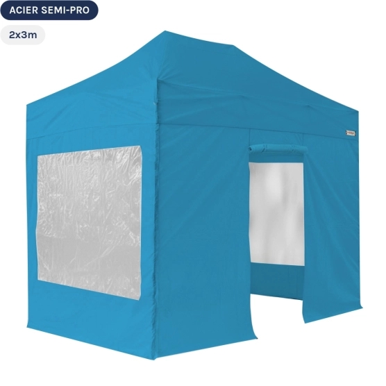 Tente Pliante Tonnelle Acier Semi Pro 2mx3m BLEU AZUR avec Pack Fenêtres