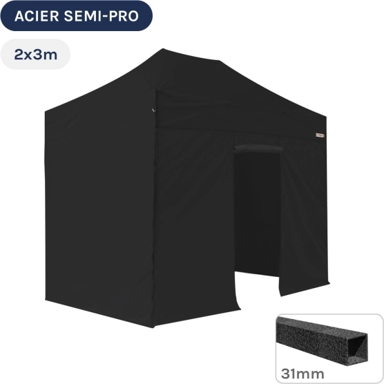 Barnum pliant - Tonnelle Acier Semi Pro 2mx3m NOIR avec Pack 4 Côtés