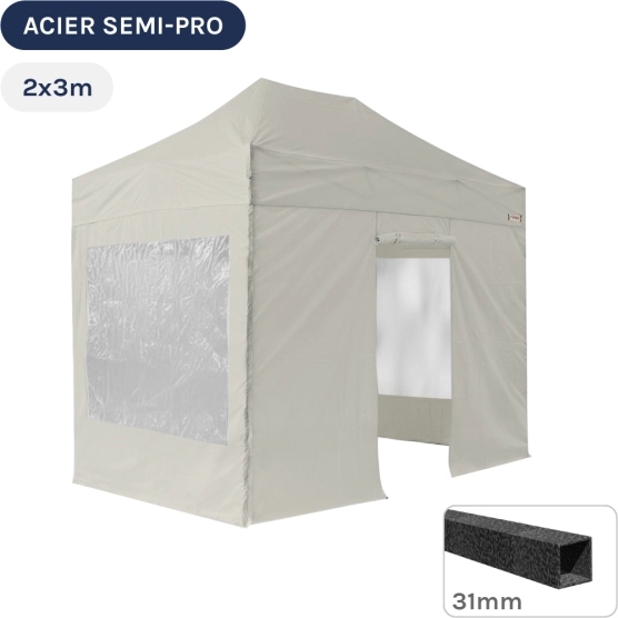 Barnum pliant - Tonnelle Acier Semi Pro 2mx3m BEIGE avec Pack Fenêtres