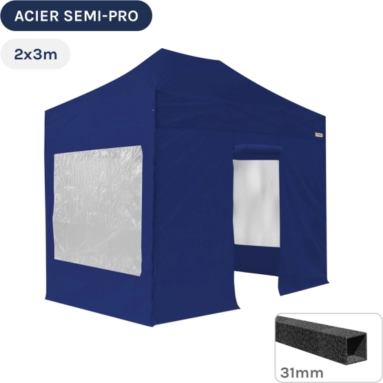 Barnum pliant - Tonnelle Acier Semi Pro 2mx3m BLEU avec Pack Fenêtres